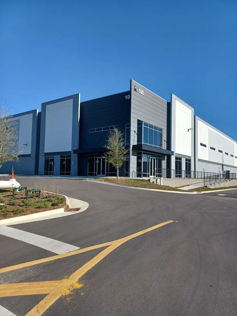 Modern commercial building with a glass entrance