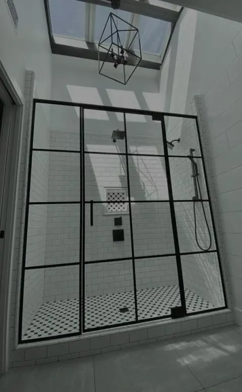 Black grid-style shower enclosure