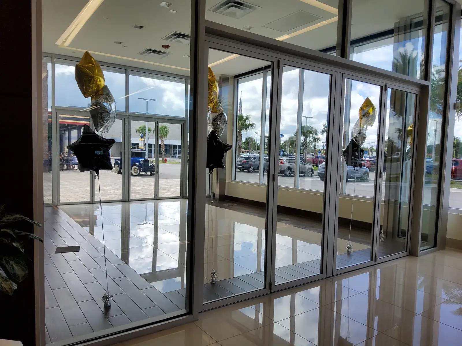 Interior view of glass storefront doors